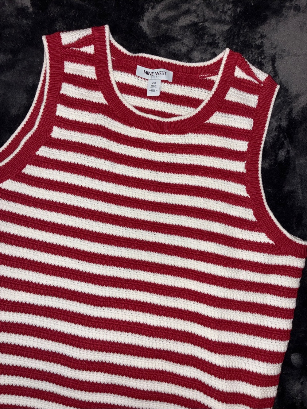 Nine West, XXL, Red and White Striped Crew Neck Sleeveless Sweater